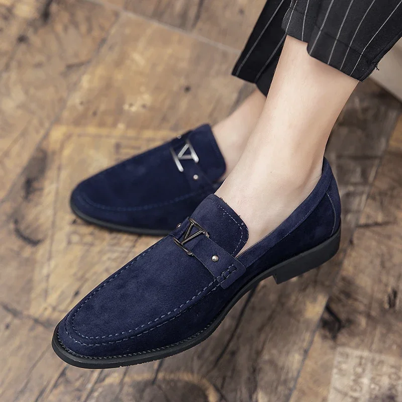 Men  Fashion Classic Lefu Shoes Casual Matte Reverse Fleece Leather Metal Buckle Shoes Black and Blue Size 38-48 Men Shoes