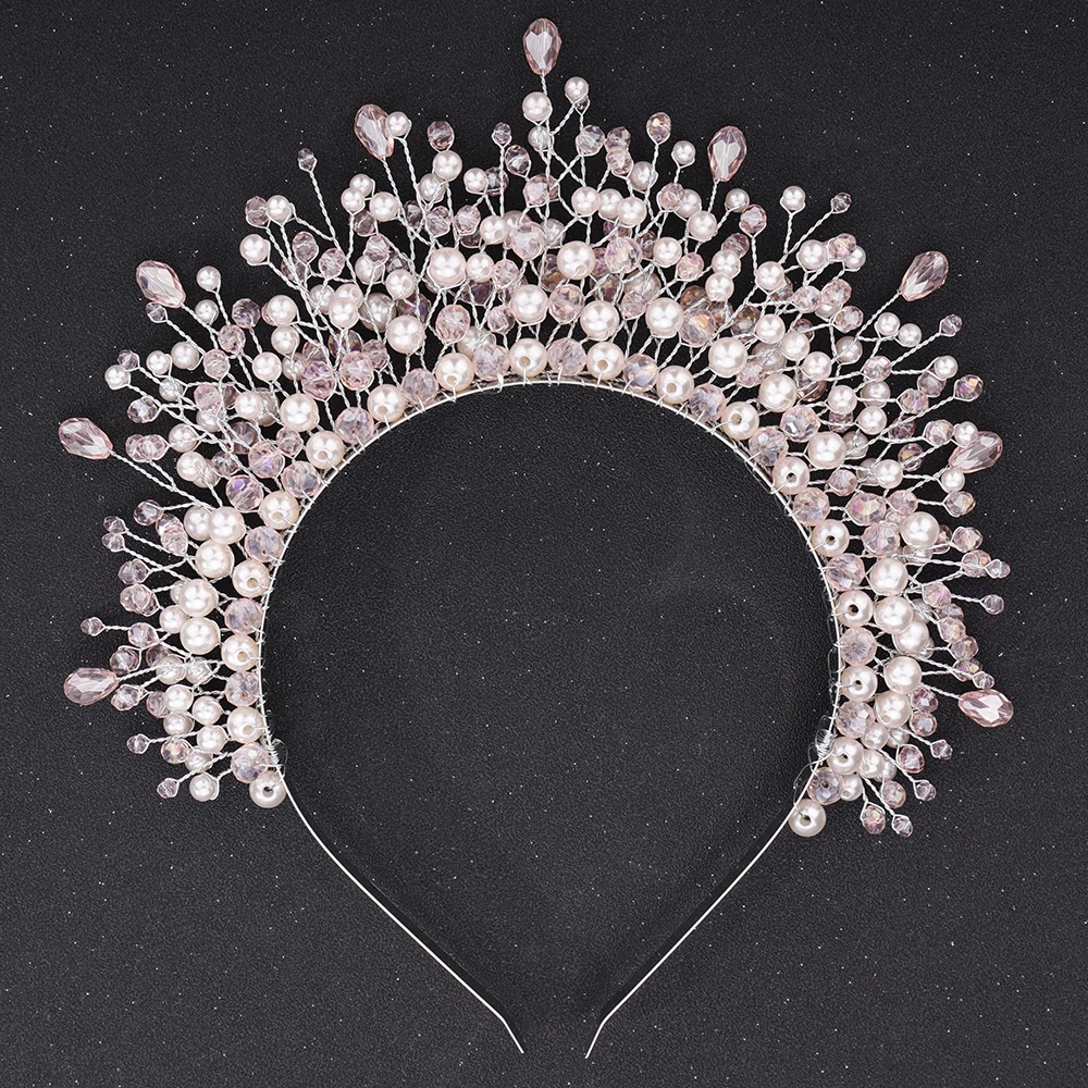 PinkCrystalBridalHairPieceWomenHandmadeWeddingHeadbandCrownFashionPartyHair