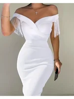 Women Dress Summer Sexy Solid High Waist Dresses Ladies Slash Neck Evening Tassel Backless Splice Midi Vestidos Party Clothing