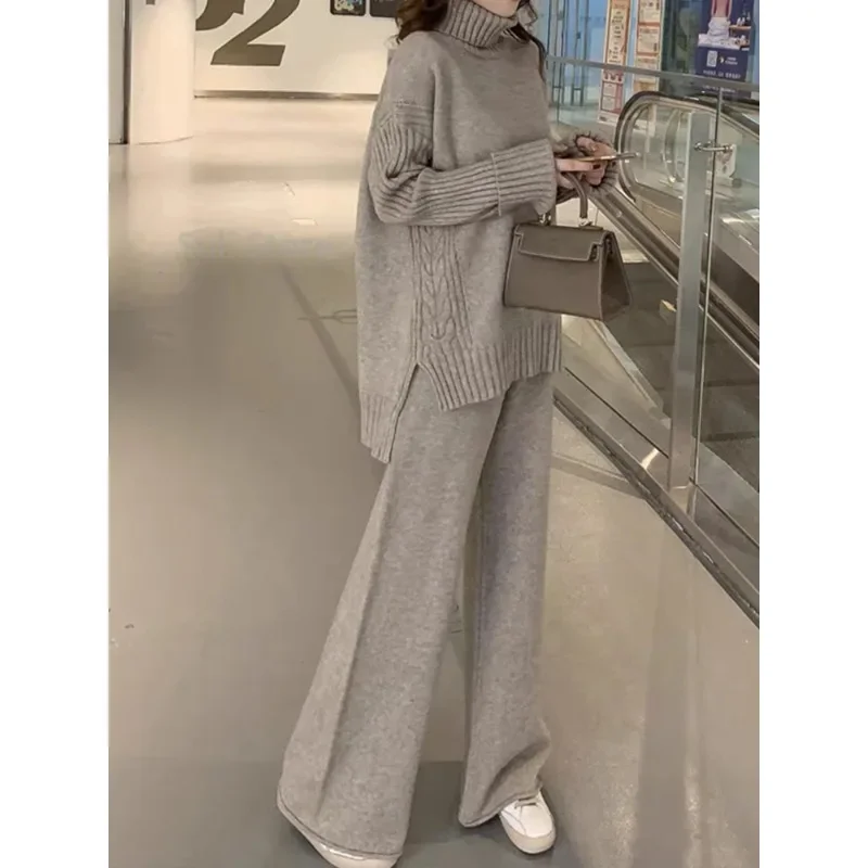 

Sweater Set Warm suit for Women Winter Knitted Suits 2 Piece Set Soild Turtleneck Sweater + Loose Trousers Office Lady Suit N326