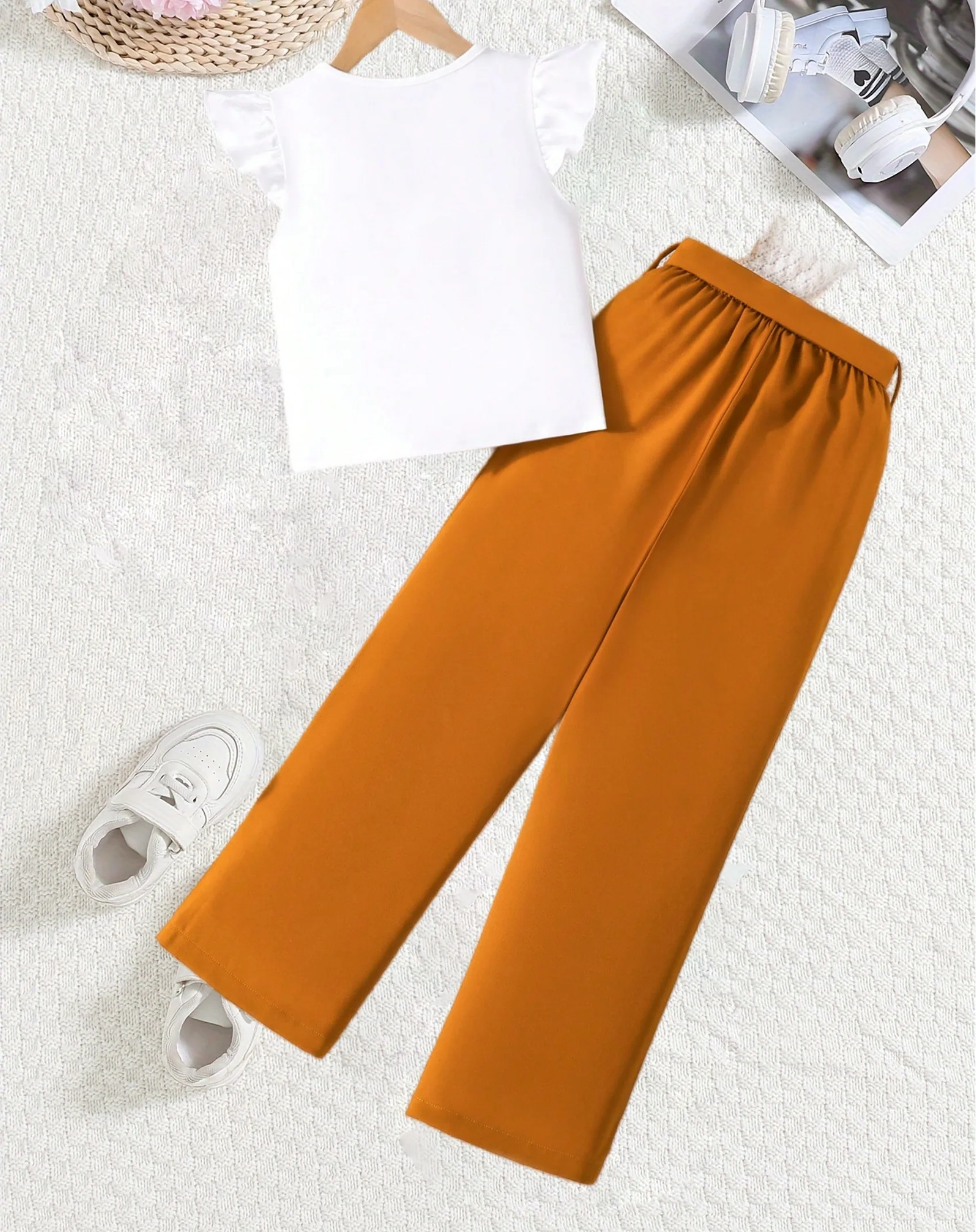 Girls Fashion Set: White Cartoon Print T-shirt with Bright Orange Bow Trousers - 2