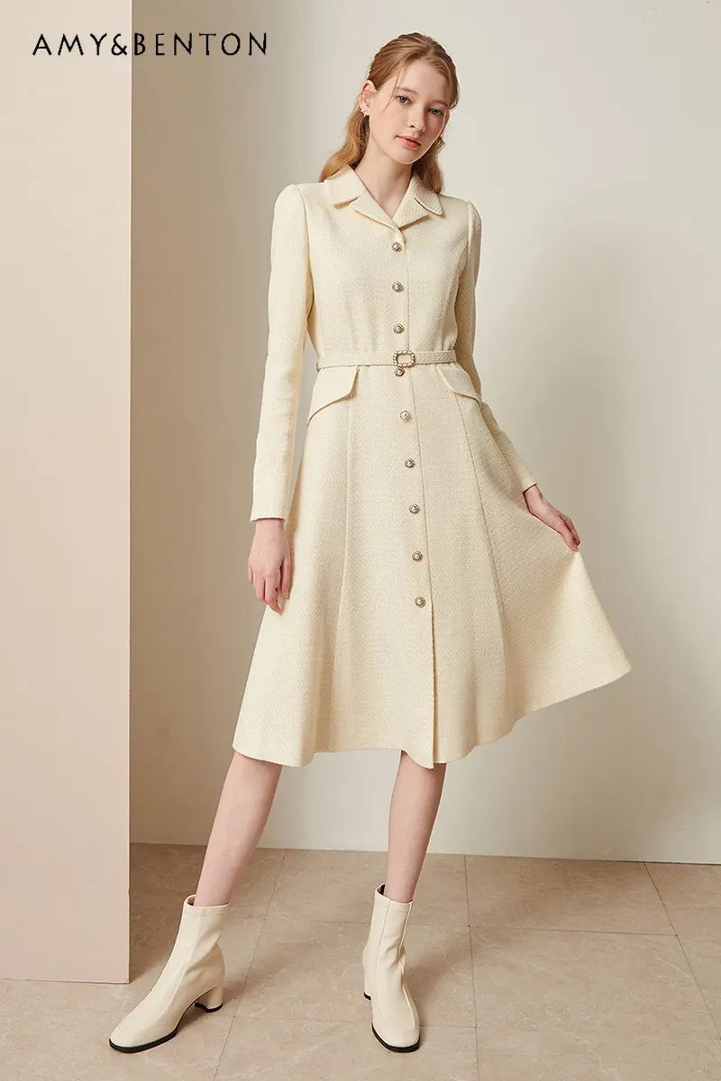 

Spring and Autumn 2023 New Temperament Long Sleeve Dress Women's Elegant Waist Trimming Fashion Mid-Length Dress with Belt