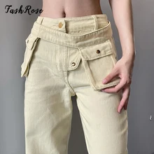 

FASHROSE Fairy Grunge Retro Denim Jeans Y2K Low Rise Pants Sashes Pocket Urban 90s Straight Women Summer Trousers 2022 Fashion