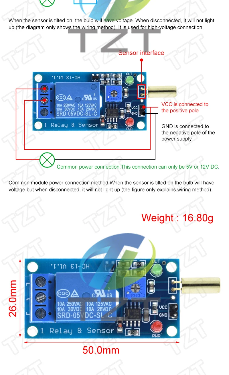 DC 5V 12V 1-Kanal-Ausgang Neigungswinkelsensoren Relaismodul Golden SW520D Kugelschalter Neigungssensormodul für Arduino – Detail 2