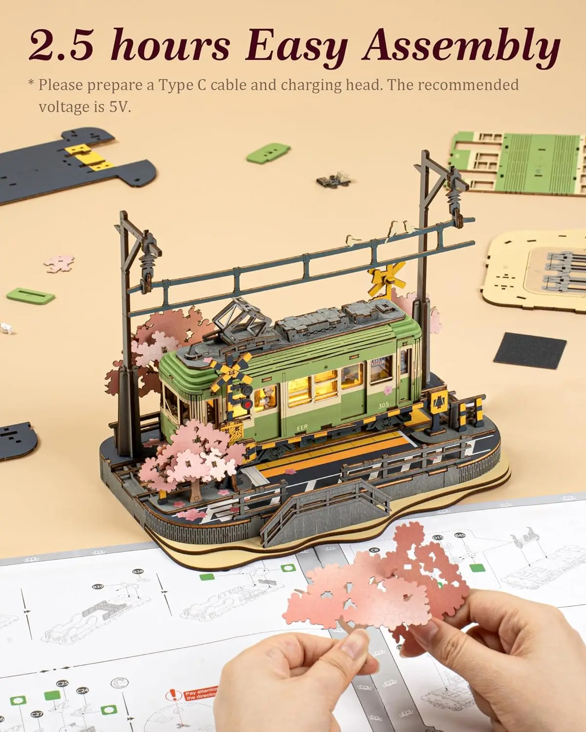 Robotime 3D Puzzles Sakura Journey DIY Model Building Toy with LED Light Wooden Craft Kits Tram Hobby for Kids Brain Teaser Gift 6