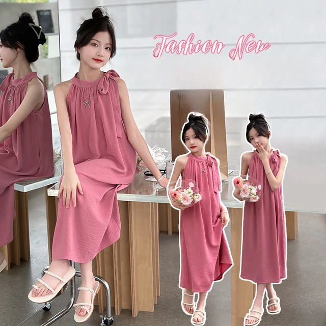 فستان صيفي للفتيات ، فضفاض ومريح ، بلا أكمام ، وردي ، للعطلات ، الشاطئ ، الطويل ، للأطفال من سن 4 إلى 14 عامًا