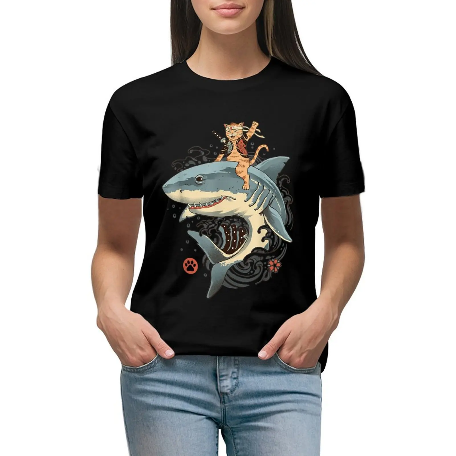 Catana Cats Ninja Funny Cute Ridding Shark. T-Shirt Hippie Vestiti Vestiti Estivi T-Shirt Per Donna Pack