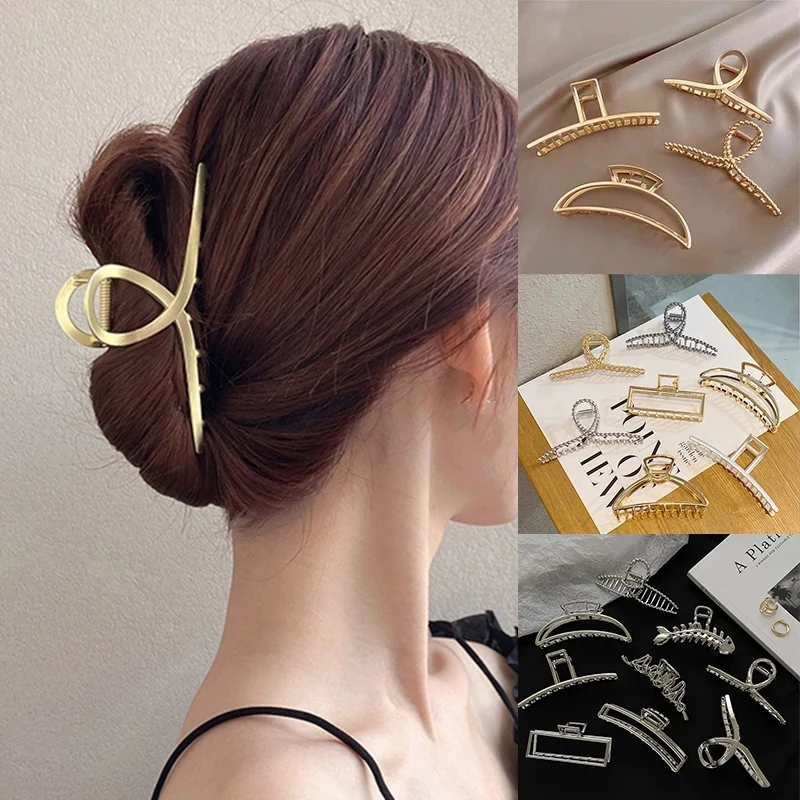New Gold Silver Hollow Geometry Large Metal Shark Hair Claw Clips Women Alloy Hairpins Barrettes Fashion Hair Accessories new korean style fashion women plastic hand grasping design hair claw clips makeup hair styling barrettes girls hair accessories