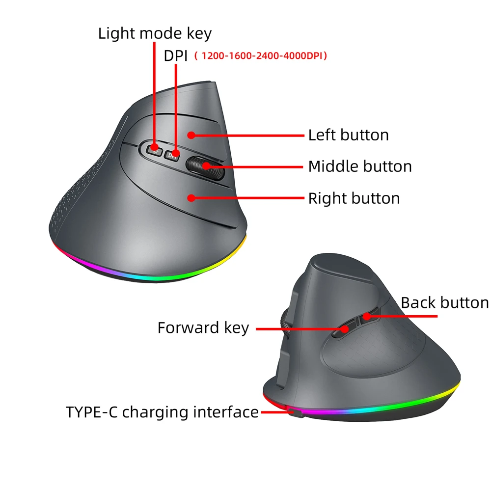 Vertical Mouse 2.4GHz and dual 5.1 Bluetooth-compatible Wireless Optical Mice 4 Adjustable DPI Buttons for Laptop PC Desktop