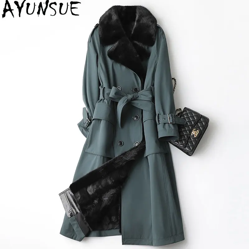 

AYUNSUE Winter Clothes Women New Long Fur Coat Women Real Mink Liner Mink Fur Coats and Jackets Warm Belt Fur Jacket Abrigos Zm