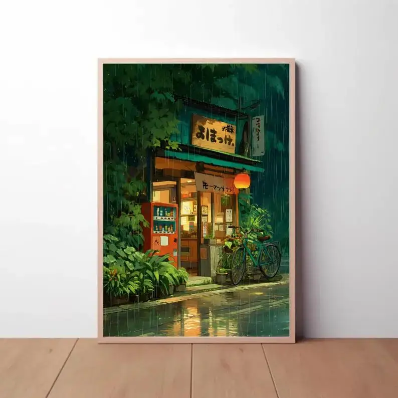 Ghibli-Inspired Street Cafe Scene Wall Art Print