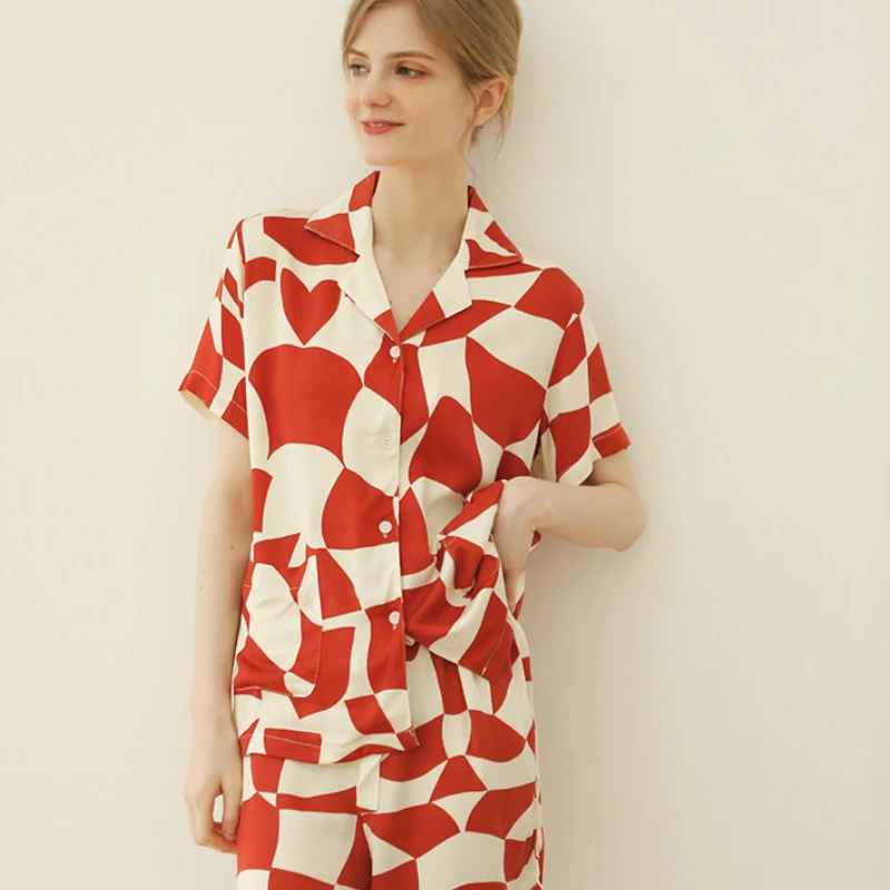 

2022 Satin Women Short Sleeve Shorts Pijamas Women Irregular Plaid Print Home Clothes Viscose Turn-down Collar Pajamas 2 Piece