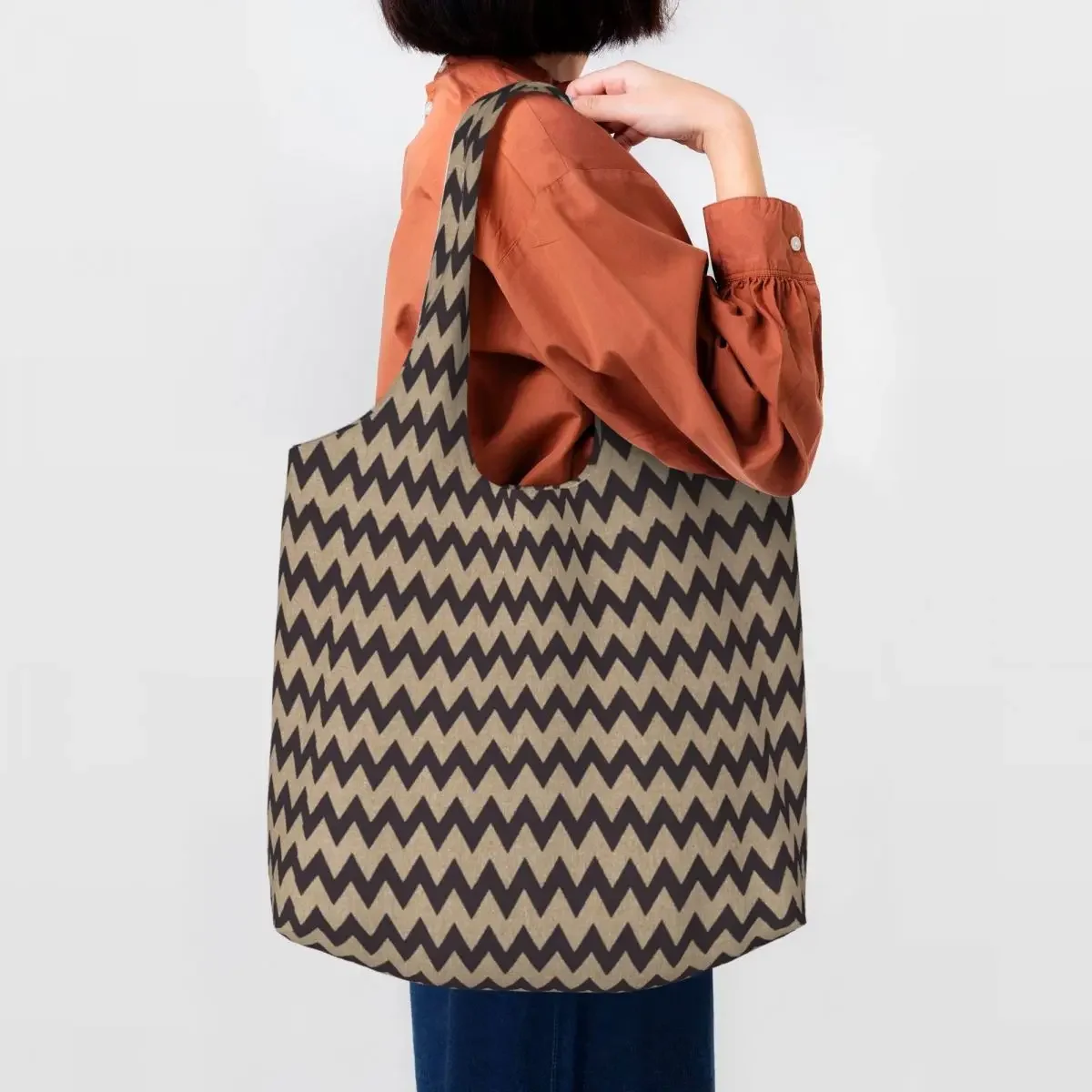 

Zigzag Pattern Shopping Bag Women Canvas Shoulder Tote Bag Washable Bohemian Modern Geometric Groceries Shopper Bags Handbags