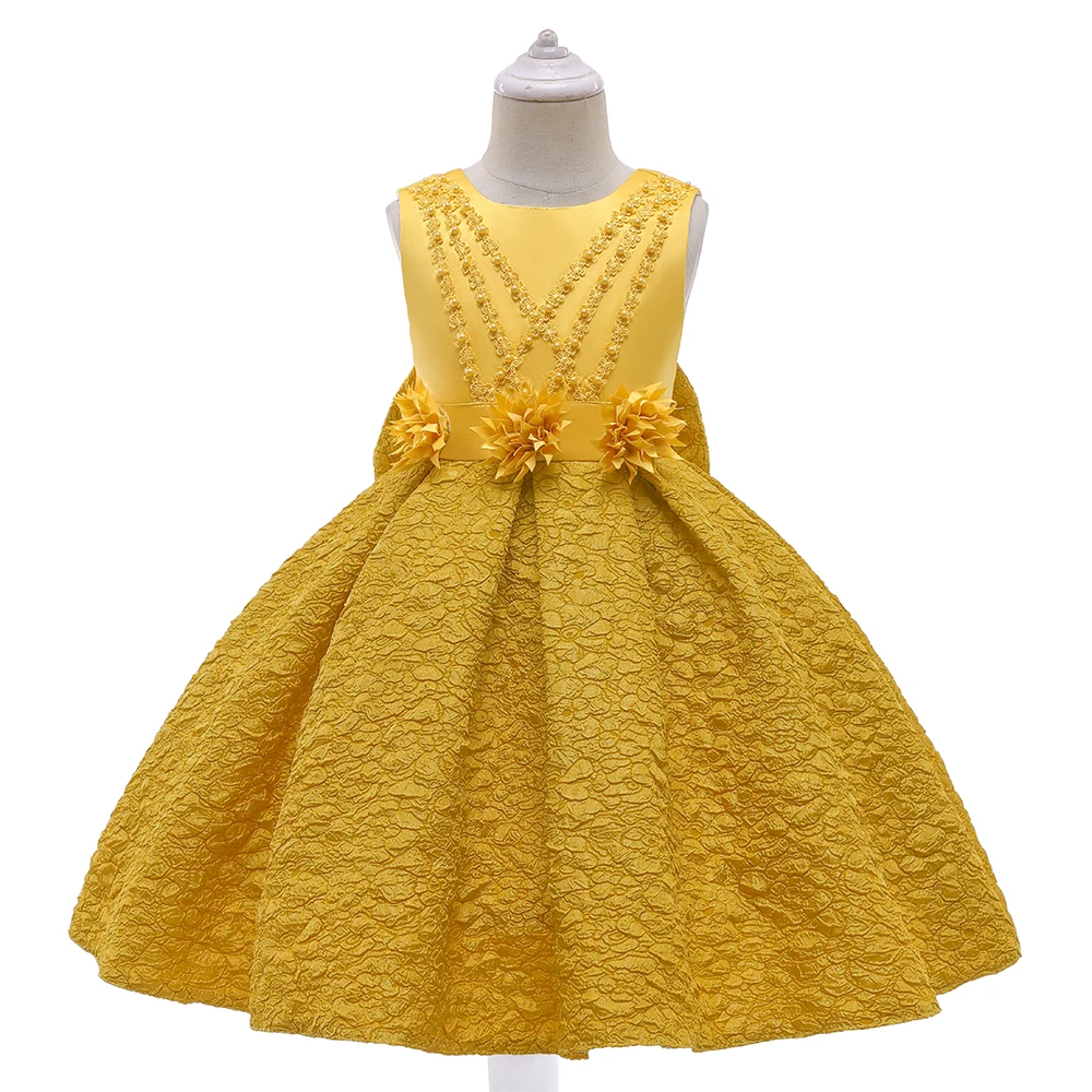 Sommer Gold Bogen Kinder Party kleid für Mädchen Kinder Kostüm elegante Blume Hochzeit Geburtstag Prinzessin Kleider Abend Mädchen Kleidung