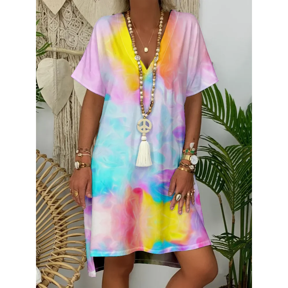 

Elegant Womens Dresses Colorful Tie Dye Summer Dress 2024 Beach Sundress Stylish Oversize Dress Party Girl Outfits Vestido Robes