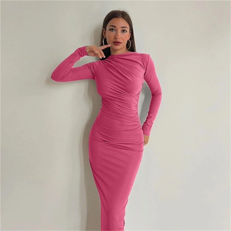 

Women's Casual Long Dress Sexy Ruched Long Sleeve Bodycon Maxi Dresses 2023 Elegant Cocktail Party Fitted Dress