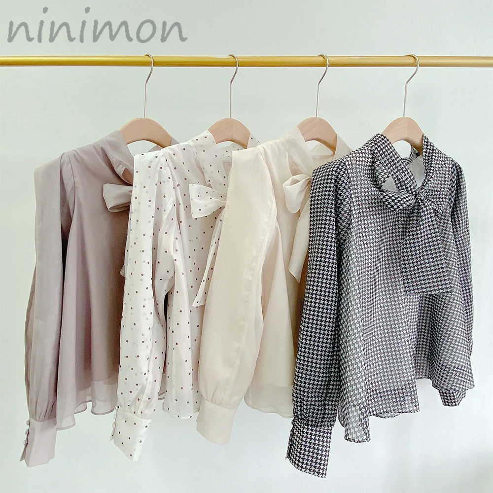 

NINIMON Organza See Through Blouse Retro Dot Print Ruffled Shirt Mesh Elegant Chic Bow Lace Up Chiffon Autumn Top Office Wild