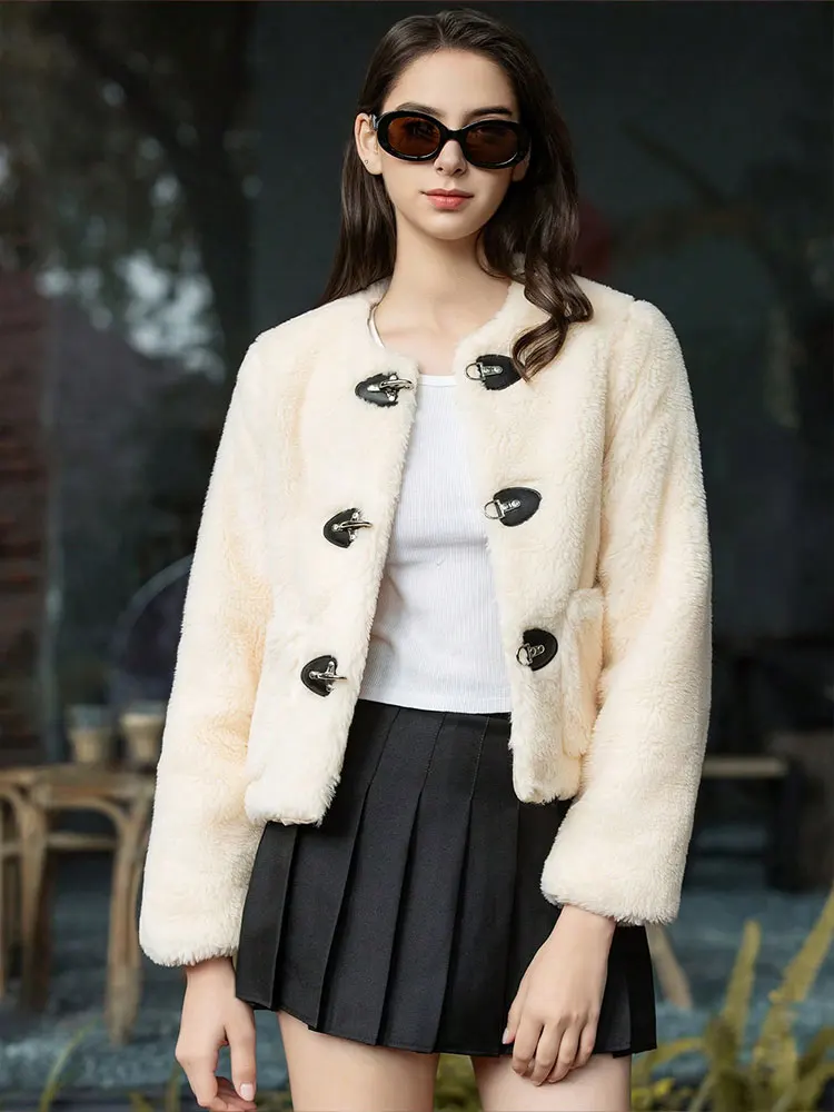 HH Autumn Winter Women Warm Cropped Coats O Neck Long Sleeve Button Jackets Women Elegant Fashion Solid Outerwear