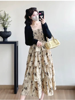 2025 Spring Pregnant Woman Floral Dress Suits Sweet Long Sleeve Cardigans Strap Cake Dress Twinset Fashion Maternity Party Dress
