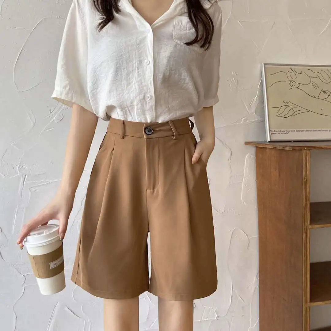 Summer 2021 Women Casual Cargo Half Pants Button Chic Wide Leg Pant Elegant Office Ladies Loose Trousers Pocket Capris y2k hollow out hole fashion jeans women indie vintage wide leg pants loose high waist denim 2021 spring autumn new trousers chic