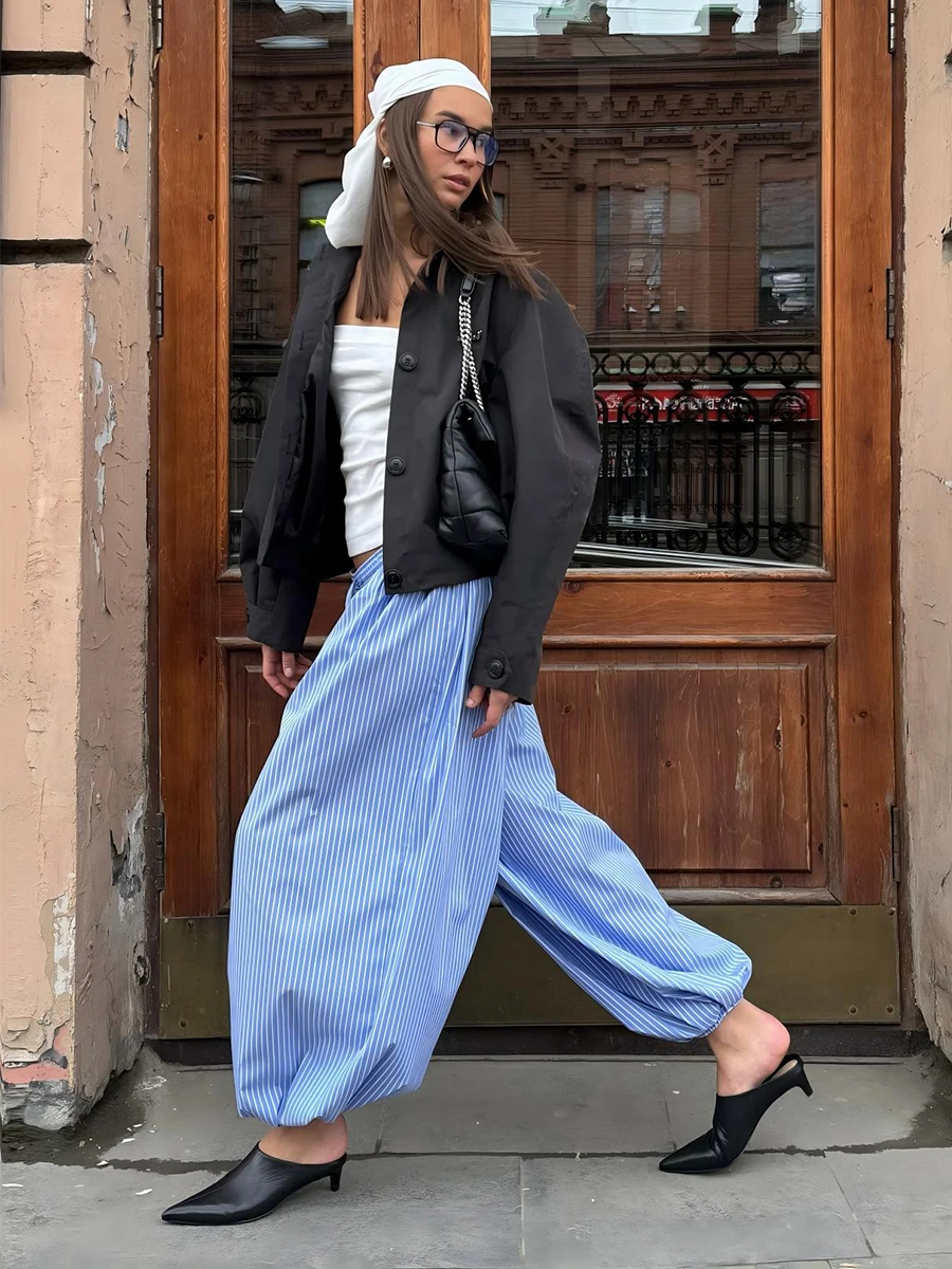 Bornladies 2025 Summer Women's Cotton Blue Thin Striped Baggy Lantern Pants Elastic Waist Casual Street Trousers
