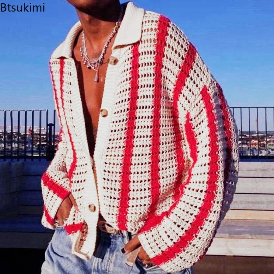 

New2024 Men's Striped Knitted Sweaters Cardigan Spring Autumn Trend Lapel Hollow Out Versatile Tops Contrast Streetwear Men Tops