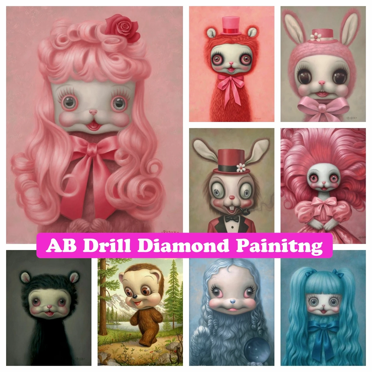 Mark Ryden Strange Art Rabbit 5D DIY AB Drills Diamond Painting Mosaic Cartoon Girl Cross Stitch Kits Embroidery Room Decor Gift