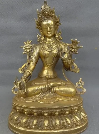 

13" Tibet Bronze Gilt Buddhist Protect 7-Eyes White Tara Statue Lotus Goddess