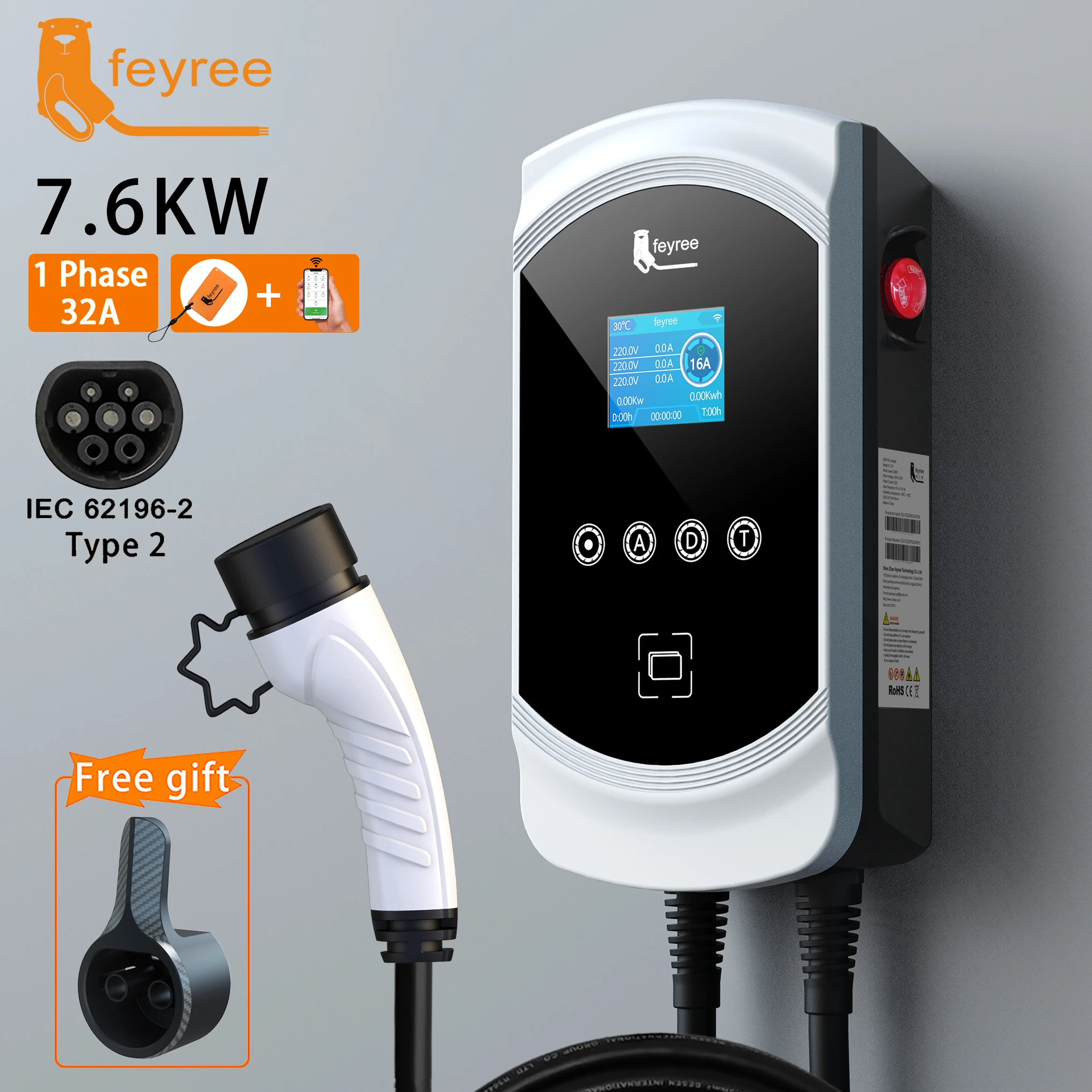 Feyree Ev Charger 32a 7.6kw Electric Vehicle Car Charger Evse Wallbox 11kw 22kw 3phase Type2