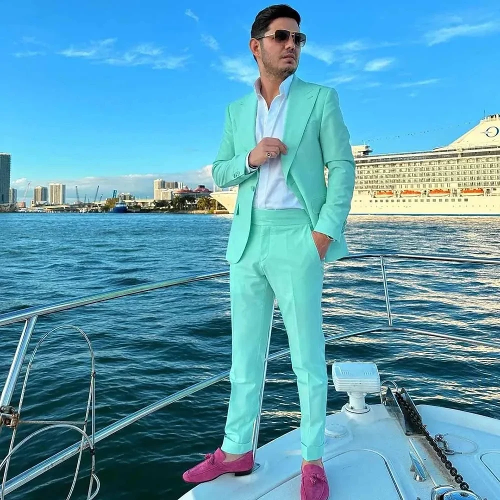 Mint Green Men's Suits 2 Piece Jacket Pants Single Breasted Peaked Lapel Formal Blazer Traveling Wedding Slim Fit Costume Homme