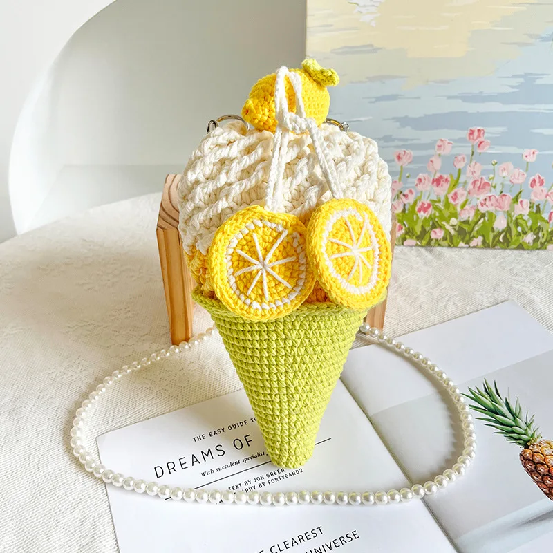 

New Hand-Crocheted Ice Cream Doll Bag Finished Tote Bag One Shoulder Oblique Span Easy To Carry Fashion Bag