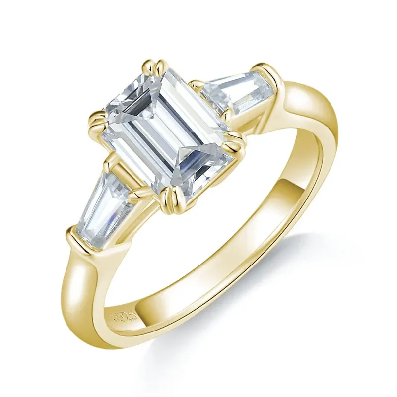 14K Yellow Gold Plated Solid Silver 3-Stone Engagement Rings For Women Emerald Baguette Cut 2.6ct D Color GRA Certificate