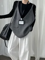 Femmes noir gris bref grande taille décontracté tricot gilet nouveau col en V sans manches pull mode marée printemps automne pull gilets 3