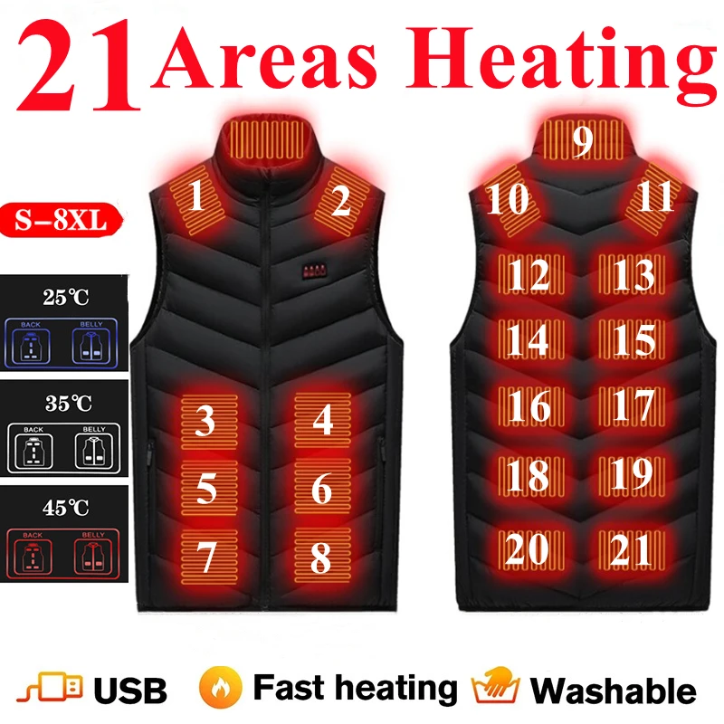 

21 Areas Heated Vest Men Winter Heating Jacket Warm Electric Thermal Waistcoat Hiking Outdoor Camping Infrared USB Heated Coat