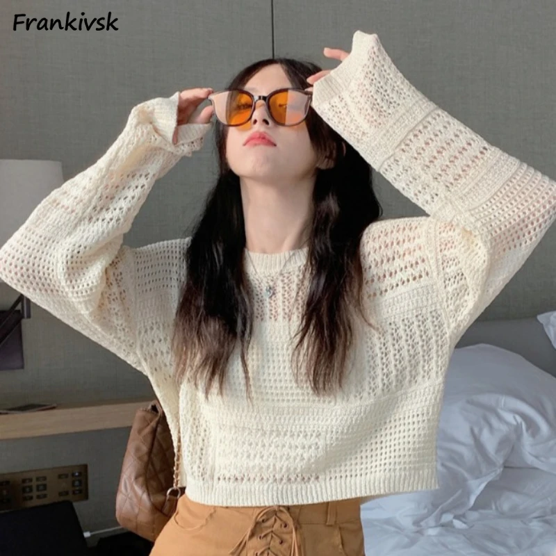 

Hollow Out Sweaters Women Autumn Cropped Long Sleeve Bohemian Korean Mori Girl Style Hotsweet Y2K Fashion O-neck Daily Elegant