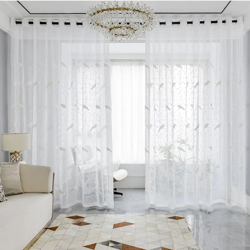 American 3D Birds and Branch Embroidery Sheer Curtains White Cotton and Linen Translucent Tulle For Living Room Bedroom Custom