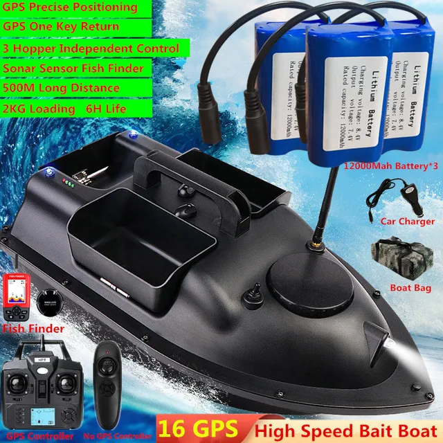 16 GPS Point Intelligent Return 3 Hopper RC Fishing Boat Bait 500M 6H LCD Screen Fish Finder Remote Control GPS RC Bait Boat 1