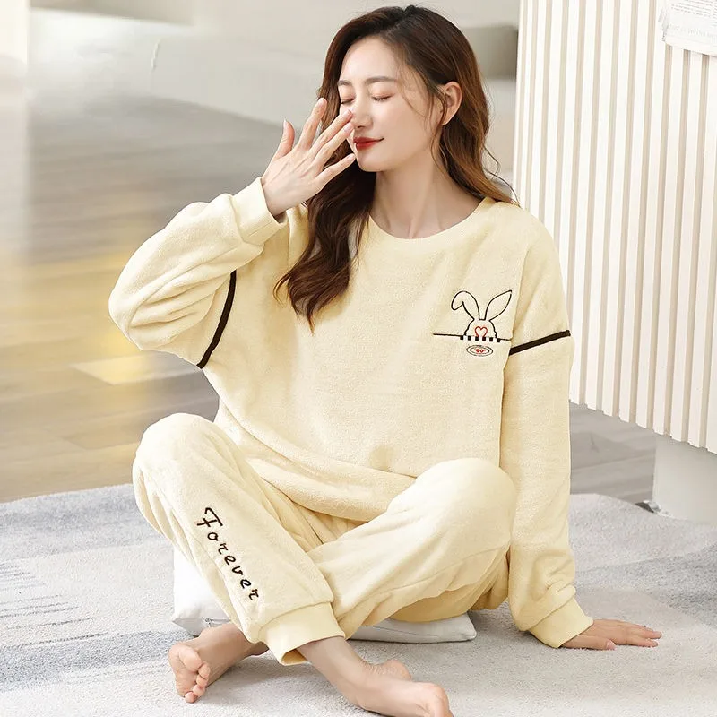 2024 New Shaker Flannel Pajamas Women Winter Long Sleeve Thickened Sleepwear Coral Velvet Loungewear Set Spring Autumn Homewear
