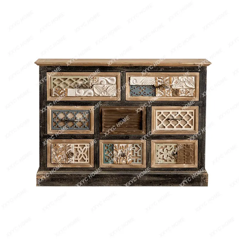 

Retro Distressed Carved Sideboard Drawer Storage Cabinet Living Room Multi-Functional Entrance Cabinet