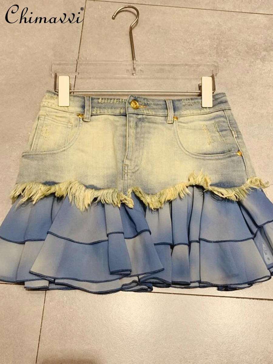 

European Fashion Patchwork Ruffled Distressed Skirt Women's Autumn Clothes New Streetwear Burrs Denim Skirt Lady Short Skirts