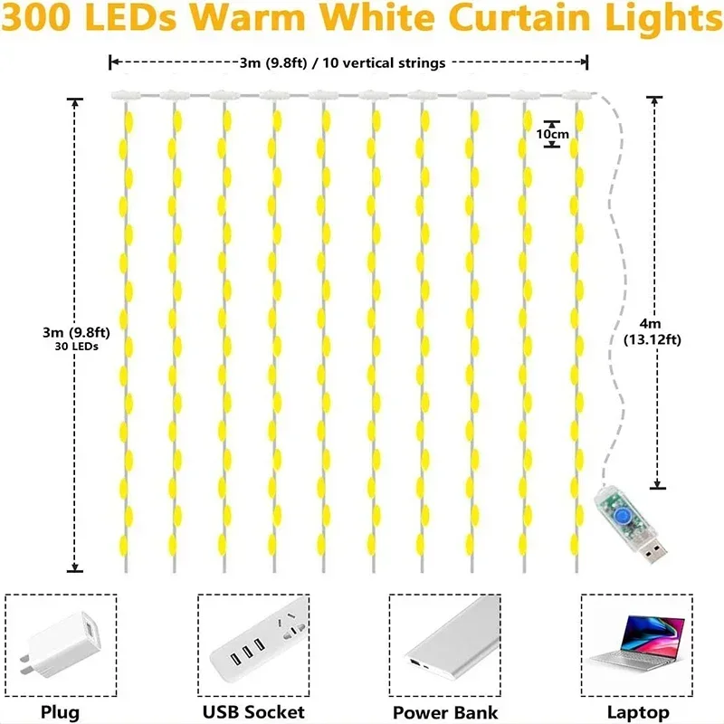 LED 커튼 스트링 조명, 요정 장식, USB 휴일 화환 램프, 홈 가든 크리스마스 파티, 새해 결혼, 8 가지 모드, 3M