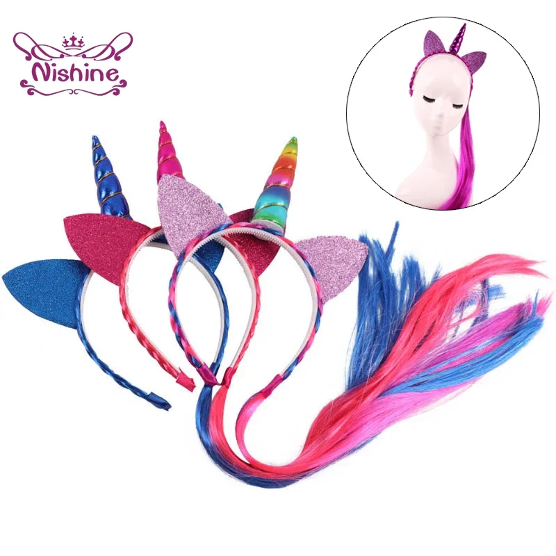 Rainbow Color Ponytail Unicorn Horn Headbands Glitter Ears Kids Girls Princess Braid Wig Hair Bands Headwear Accessories nylon hair tie