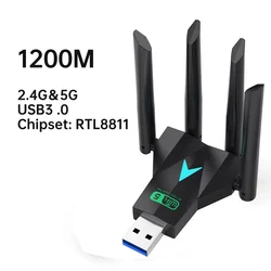 High-Speed Dual Band WiFi USB Adapter with Quad Antenna and Plug-and-Play Connectivity (1200Mbps)