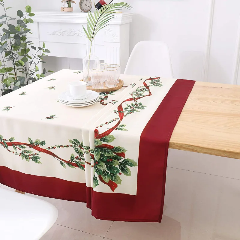 Christmas Floral Printed Tablecloths Stain Resistant Rectangular Festive Tablecloths Home Kitchen Dining Room Decor Party Gifts