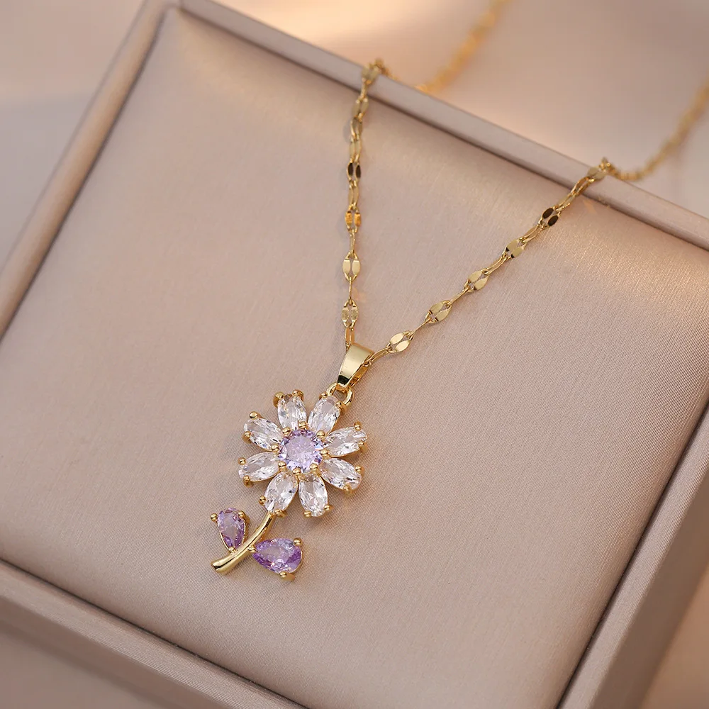 bridal jewelry sets Ins Plant Sunflower Stud Earrings Pendants Silver Gold Color Chains Necklaces Women Purple Zircon Collar Jewelry Sets Gifts