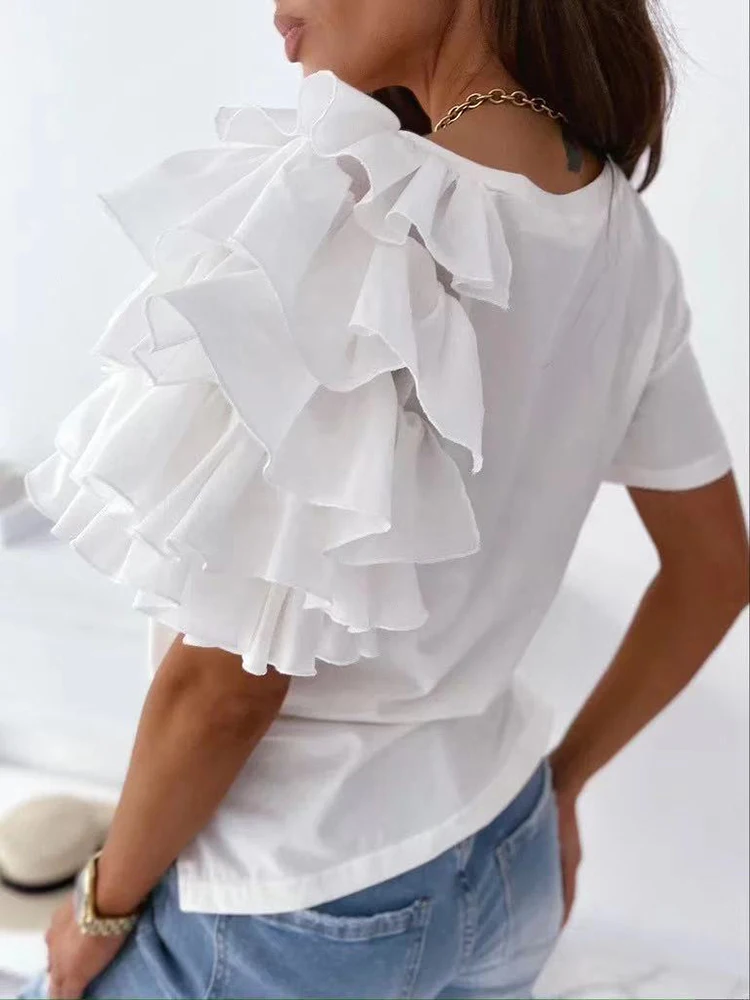 Blusa De Gasa Con Cuello En V De Encaje Para Mujer, Camisa De Verano De Manga Corta Con Volantes, Tops Para El Trabajo, Citas, Compras, Fines De Semana En Casa, Blanco S