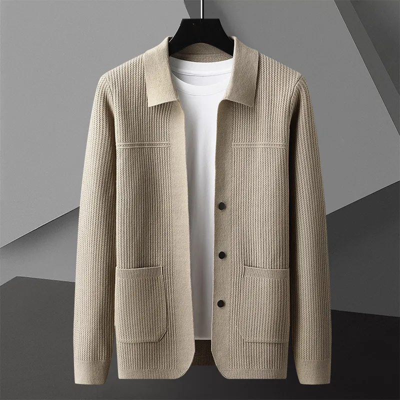 Luxury fashionable jacquard design knitted cardigan men's spring and autumn casual lapel pocket jacket sweater coat