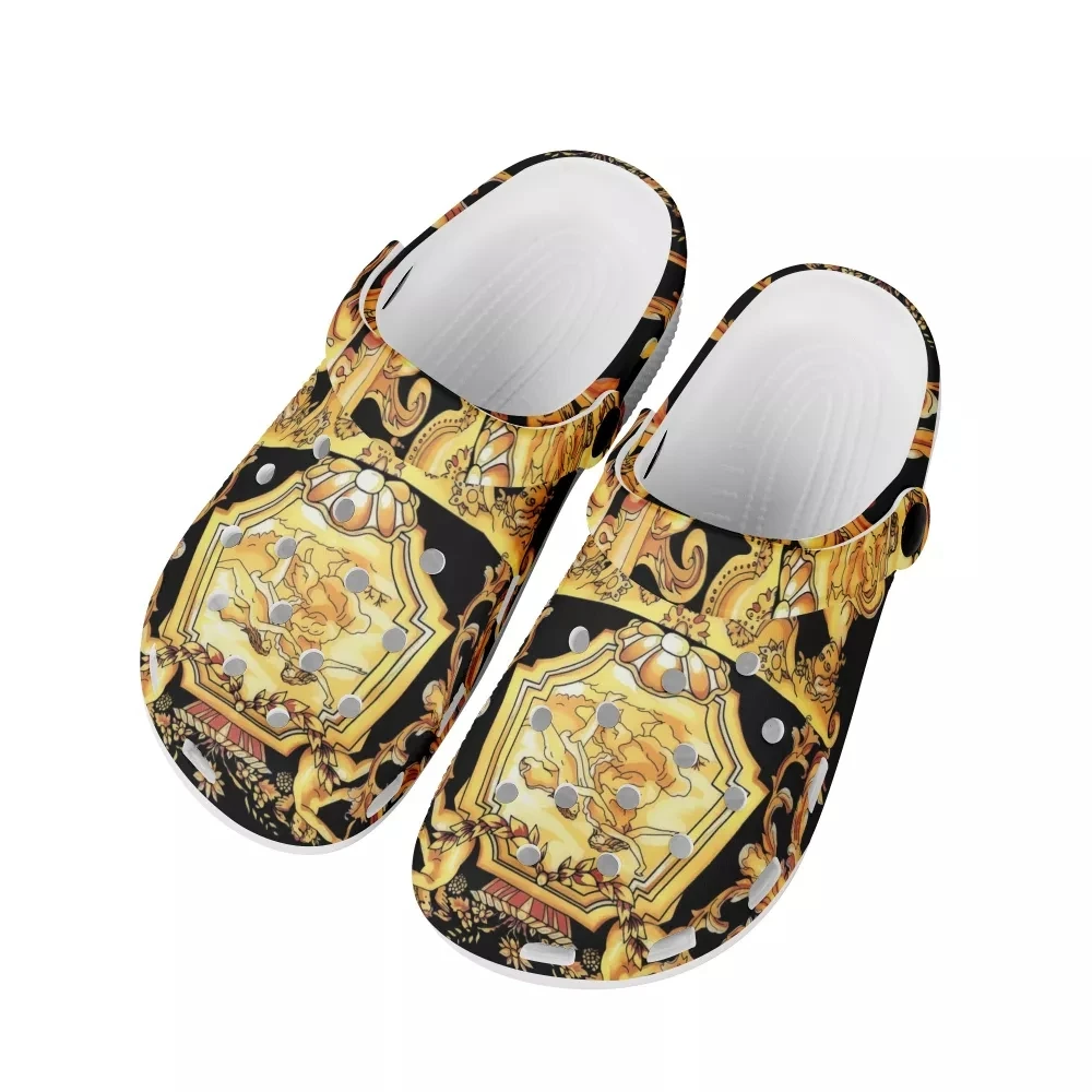 Golden Floral Prints Women Sandals Hole Shoes Couple Home Slippers Summer Hollow Buckle Lady Beach Flat Zapatos