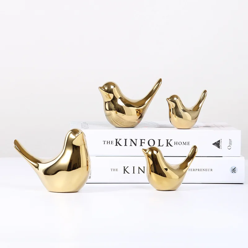 

Small Bird Figurines Golden Ceramics Animal Miniatures Home Decoration Statue Desktop Bookcase Room Decor Sculpture Accessories