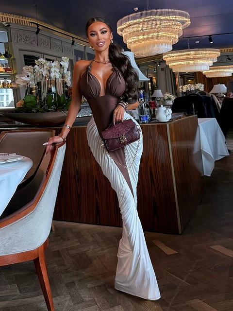 Kliou Ruched Elegant Long Dress Woman Halter Low-Neck Backless Contrast Patchwork Robe Midnight Banquet Party Classic Vestidos 1